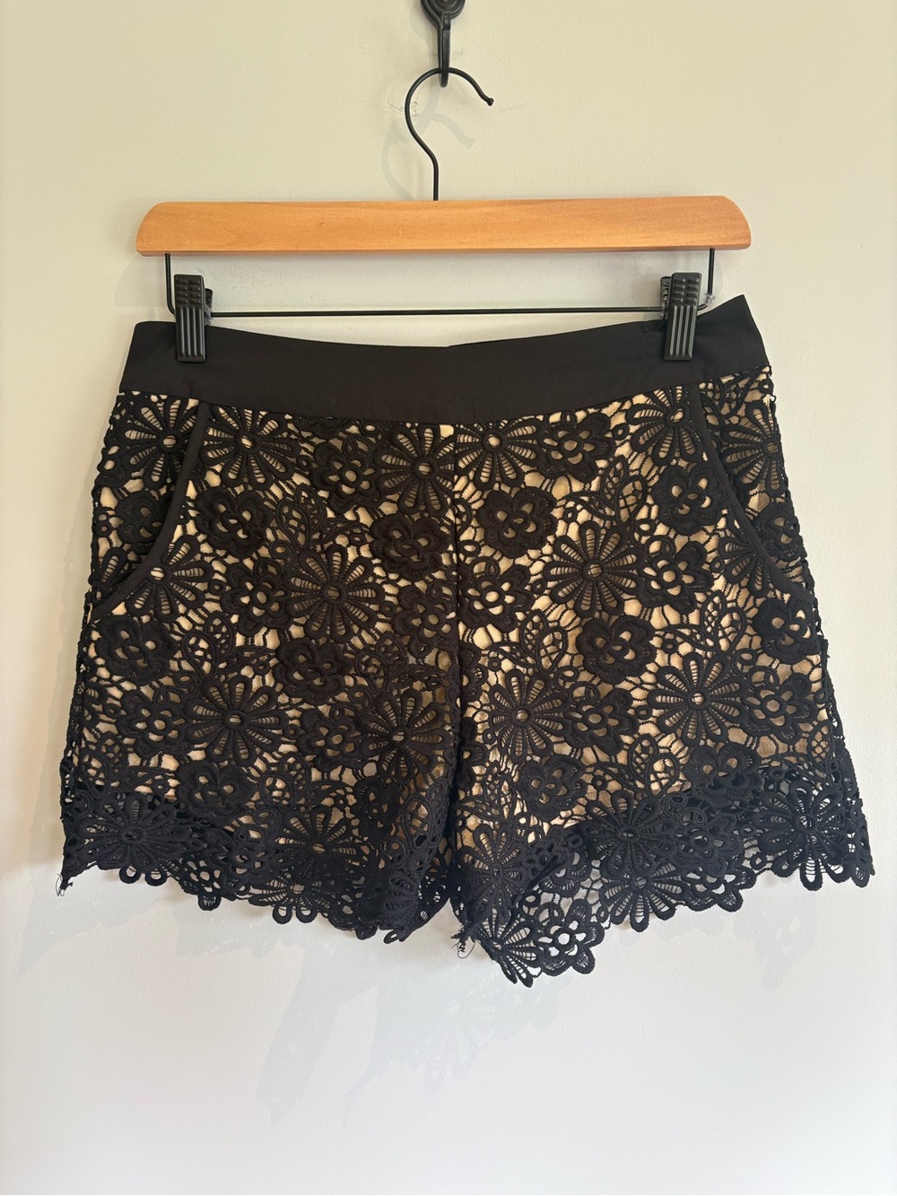 Monteau Black Lace Floral Shorts Medium Nude Lined Boho Festival